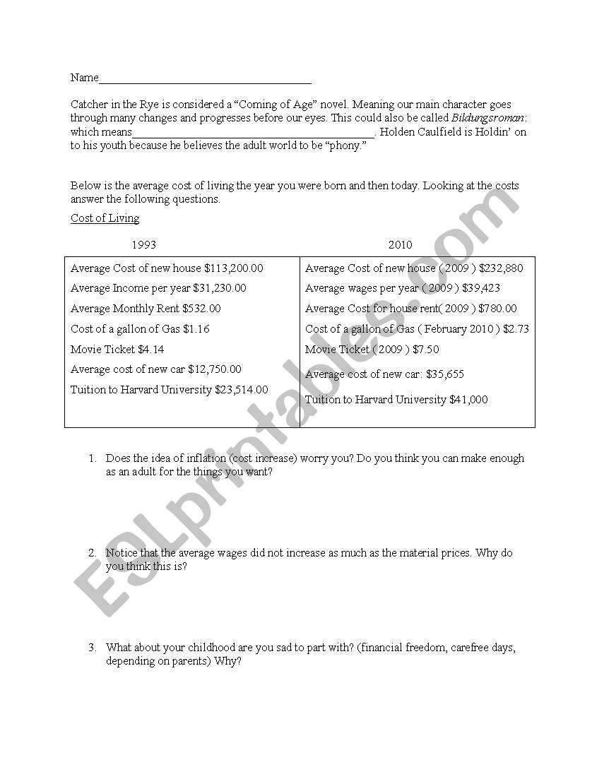 Catcher in the Rye Age Comparison Sheet