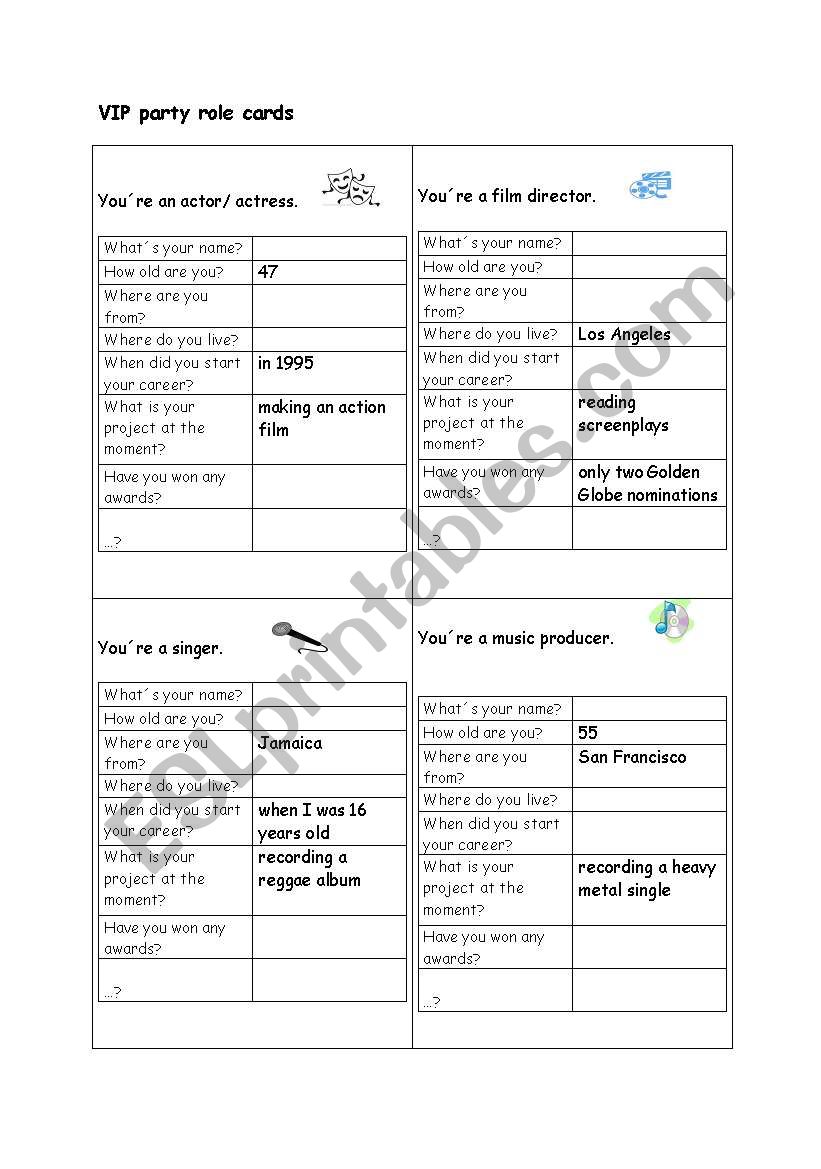 VIP party worksheet