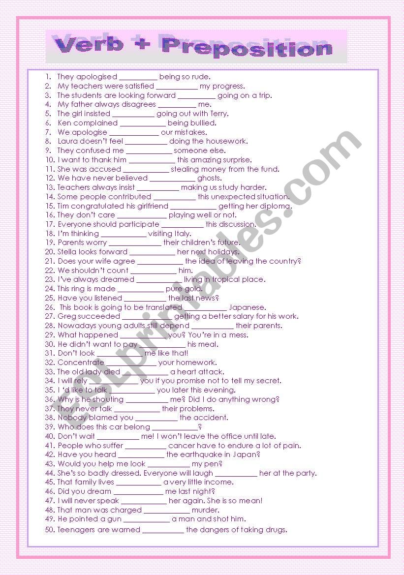 verb + preposition worksheet