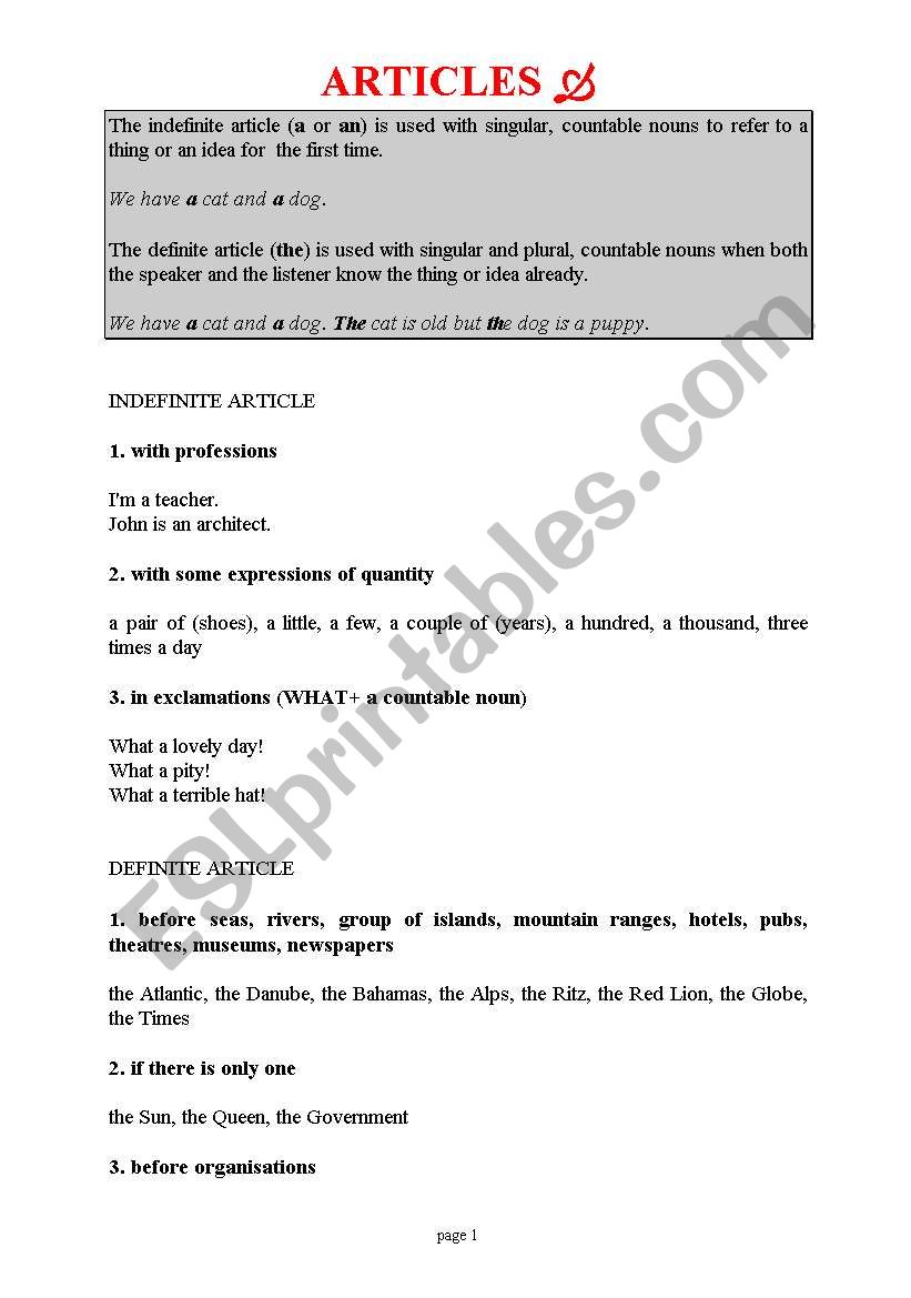 Articles worksheet