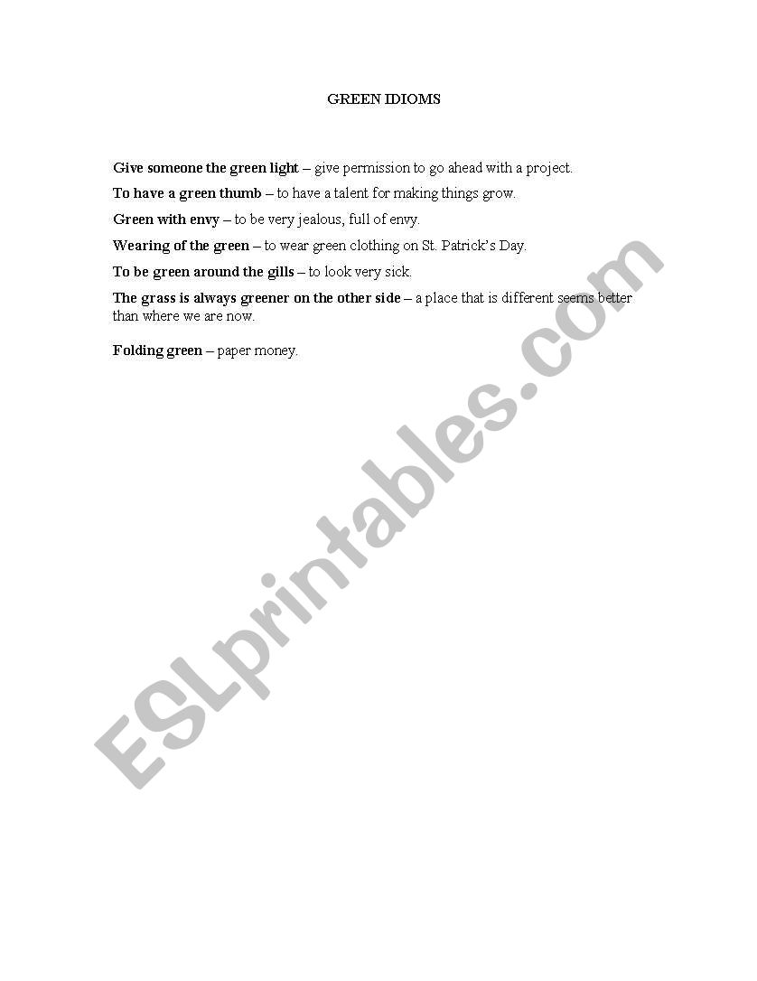 Green Idioms worksheet