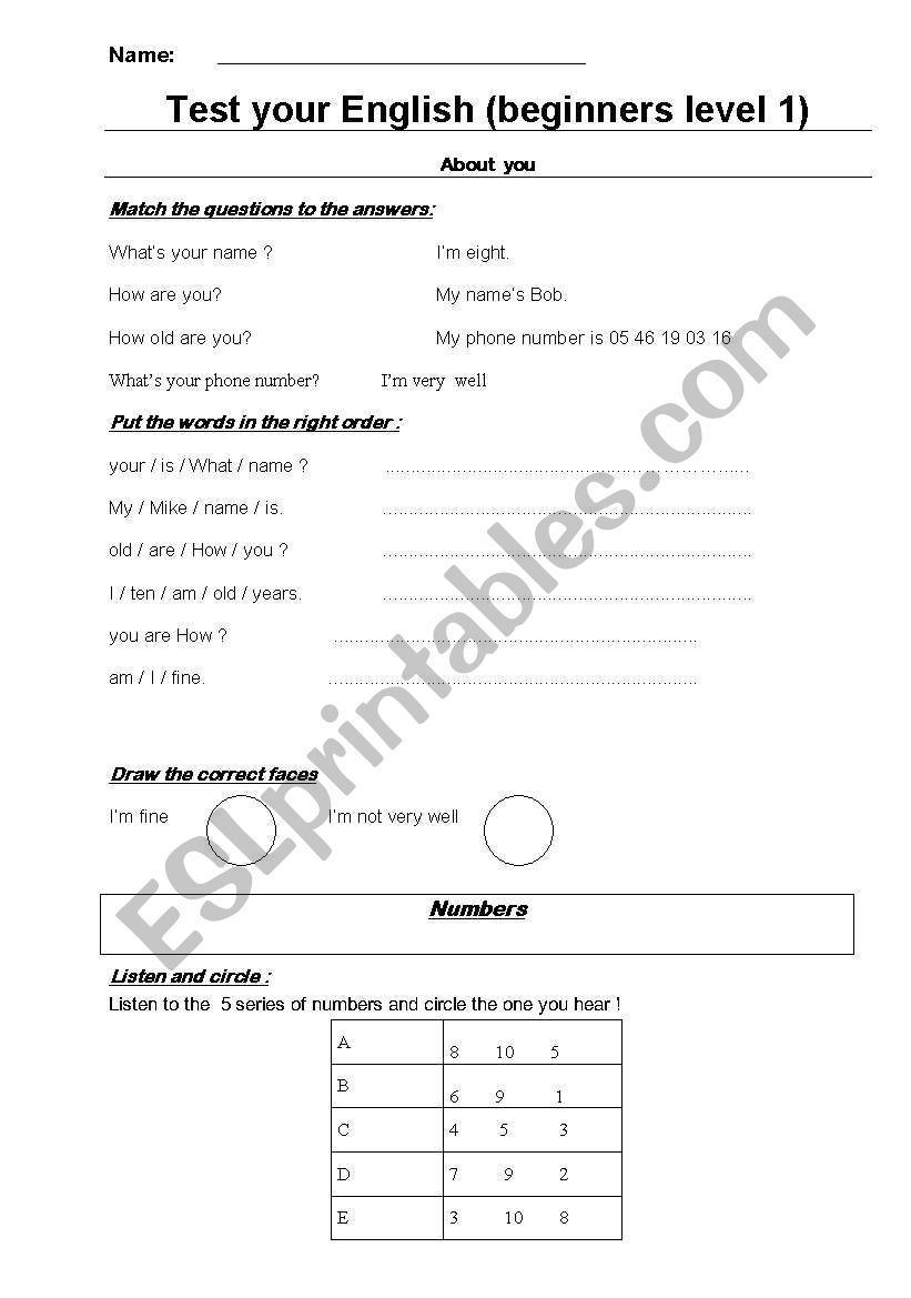 test your english level 1 worksheet