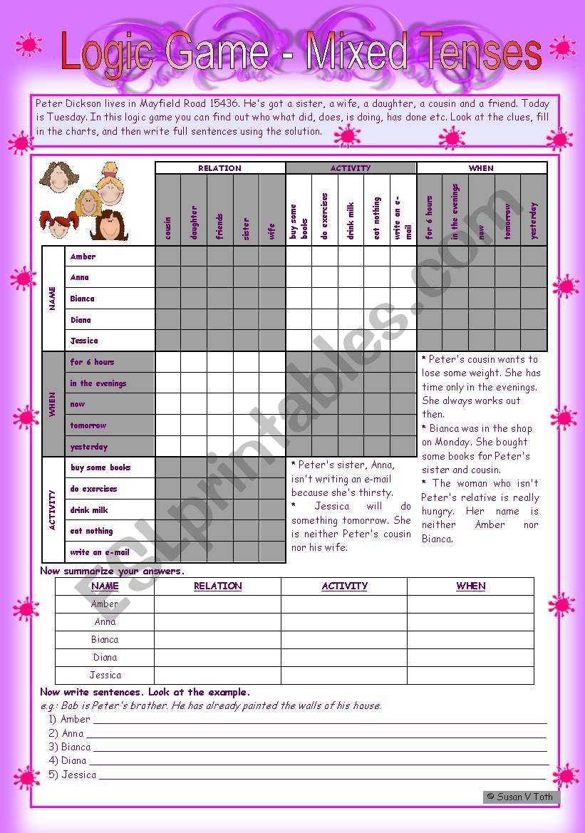 Logic game (5th) - Mixed Tenses *** with key *** for pre-intermediate and intermediate ss *** created with WORD 2003