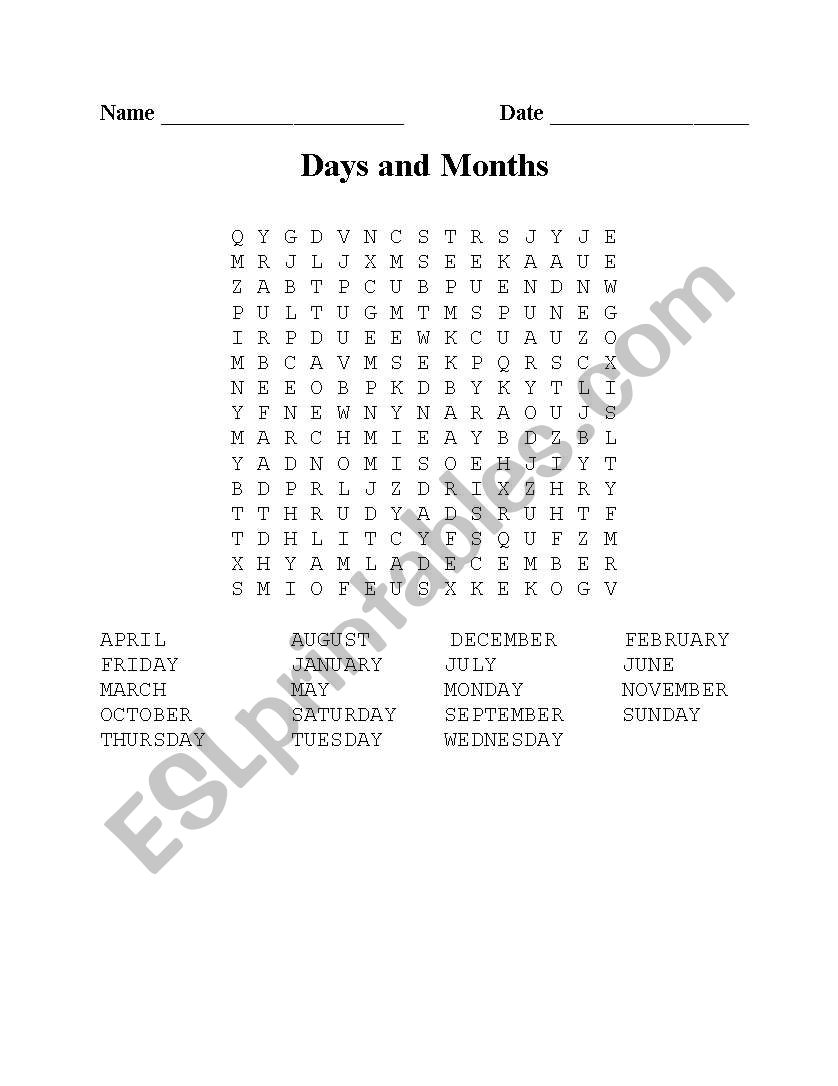 Days and Months Word Search and Worksheet