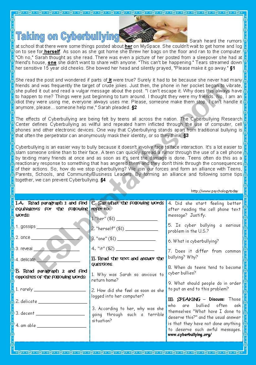 TAKING ON CYBERBULLYING! worksheet