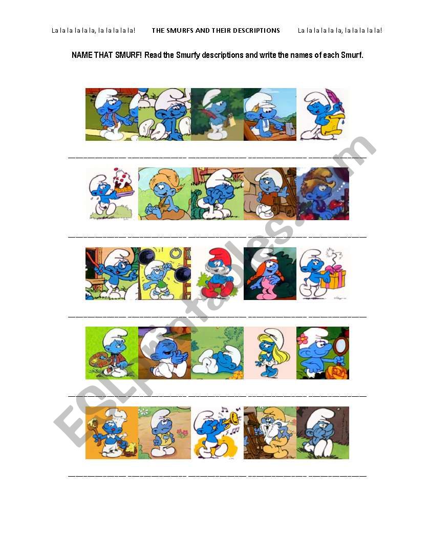 Smurfs and their Descriptions worksheet