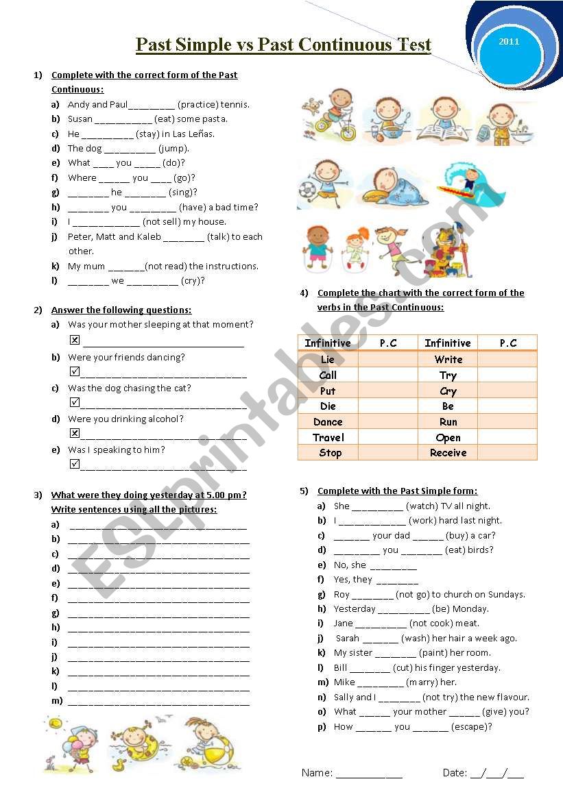 Past Simple vs Past Continuous! 2 pages. I have used the same pictures of my previous worksheet but Ive changed all the sentences and the story! Hope you like it!!!!