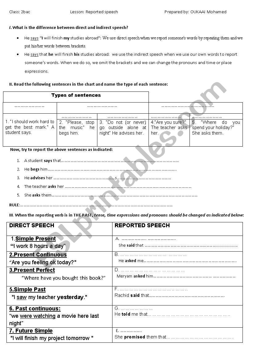 reported speech worksheet worksheet