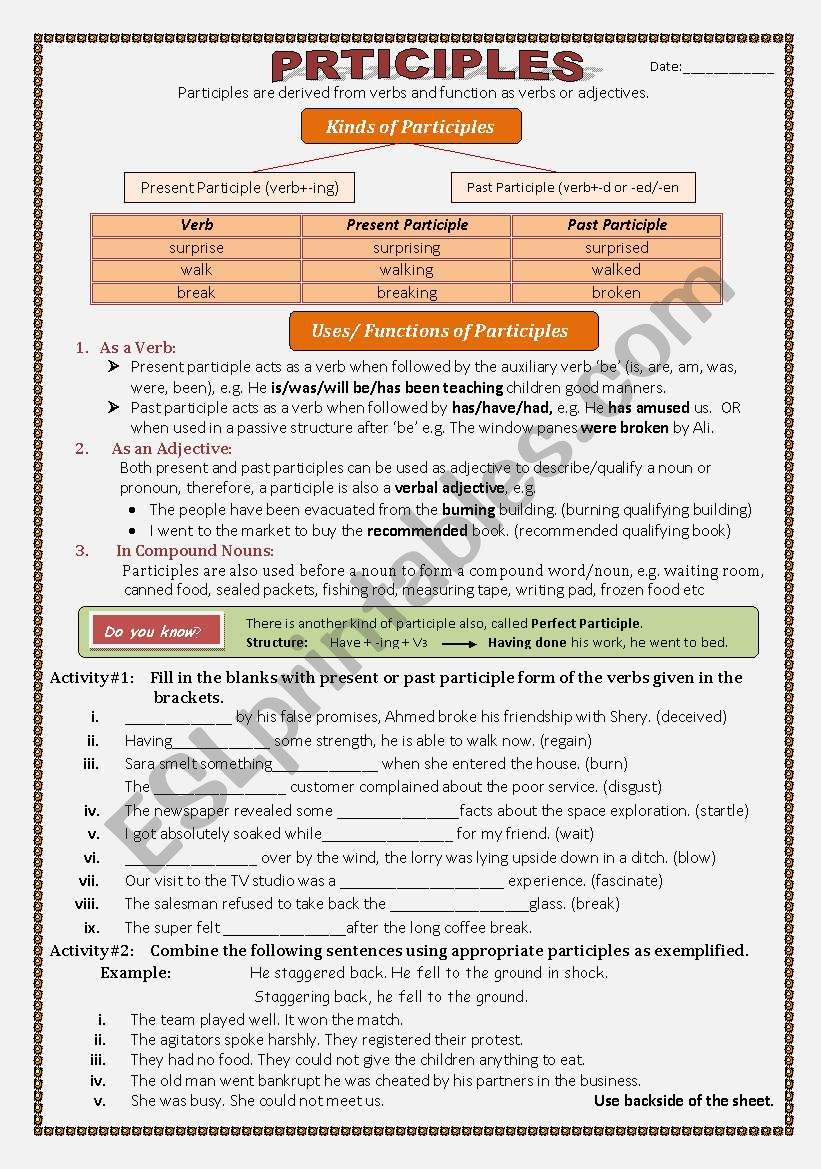 participles worksheet