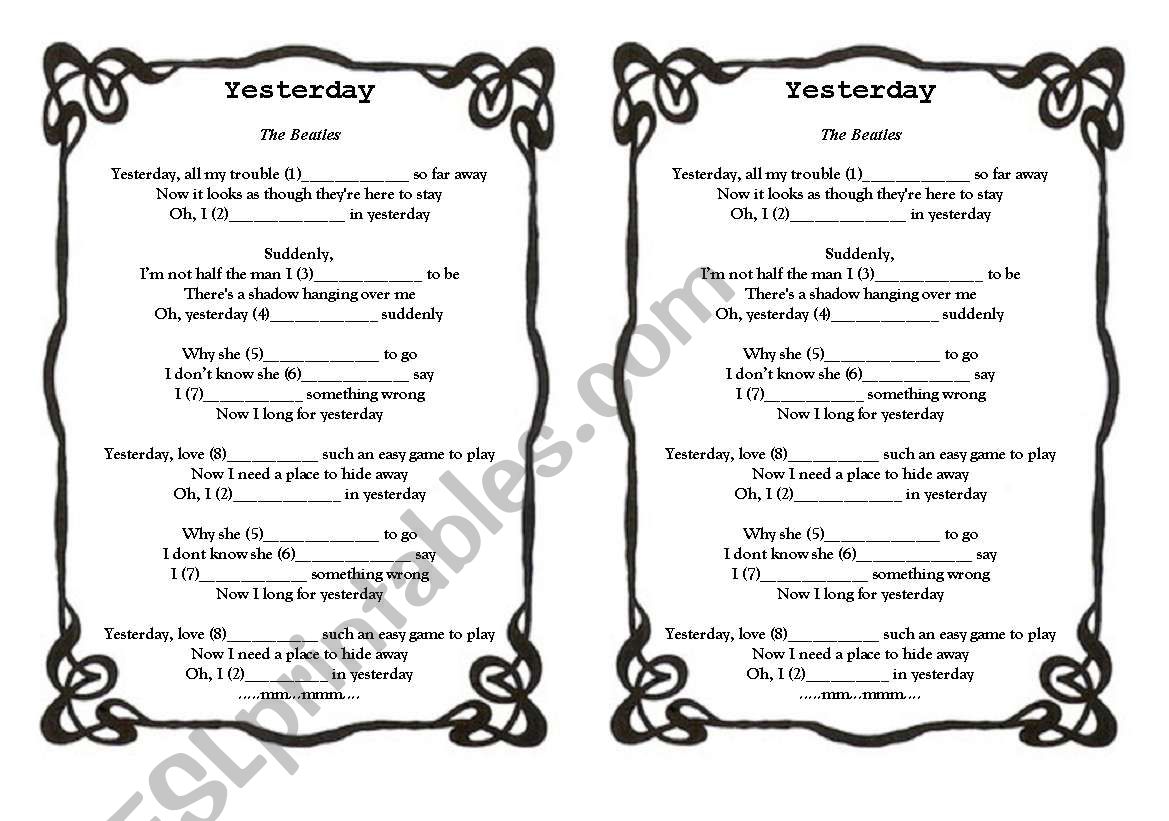 Yesterday - The Beatles worksheet