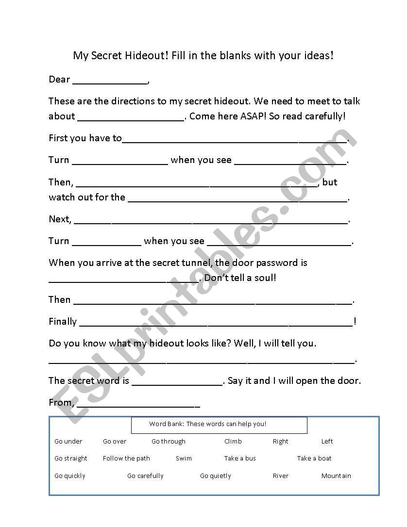 My Secret Hideout worksheet