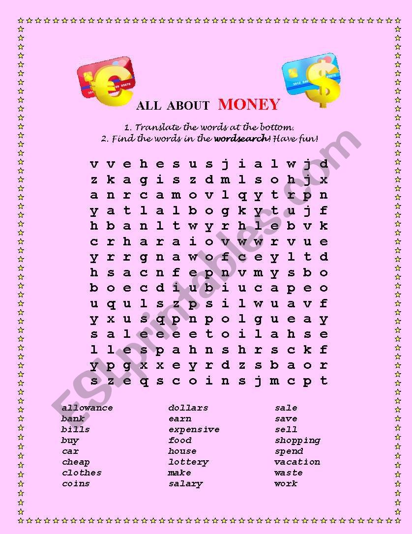 Wordsearch - All about Money! worksheet