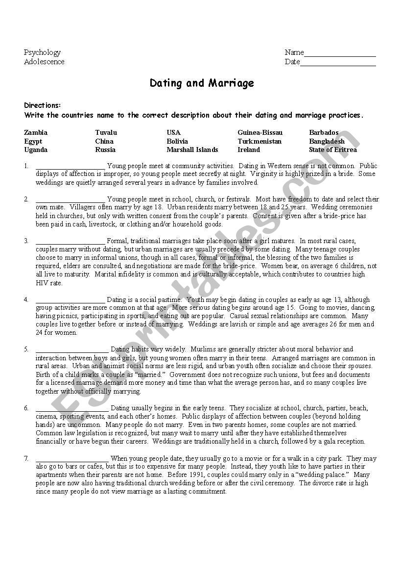 Dating and Marriage Country Match Worksheet