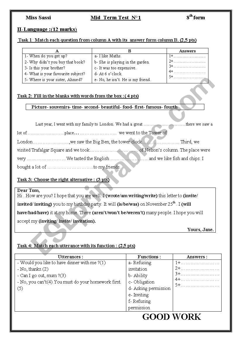 Mid Term TEST N1 8th form worksheet