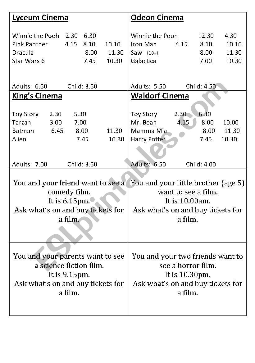 Cinema box office role play worksheet