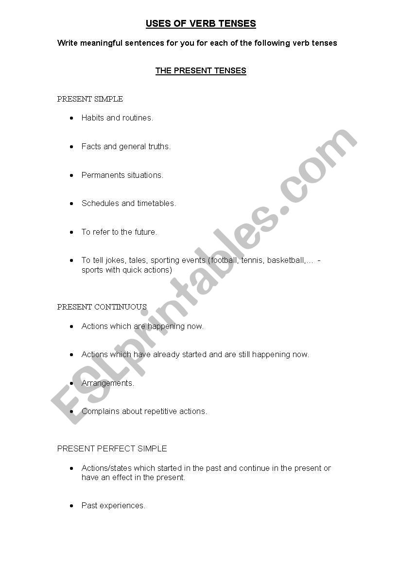 Uses of verb tenses worksheet