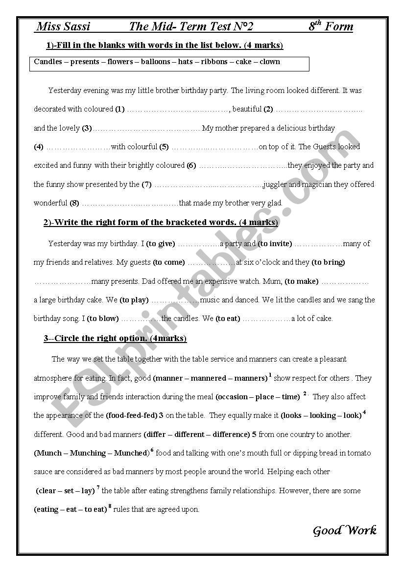 The Mid Term Test N2 8th Form worksheet