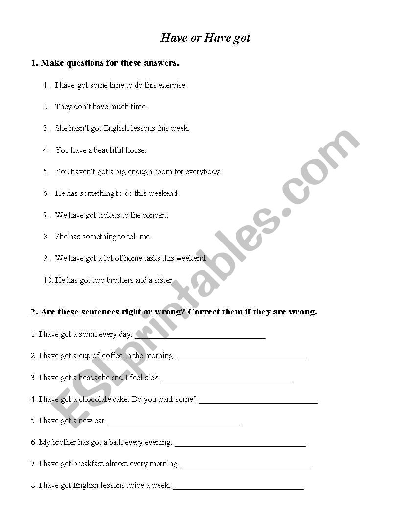 Have and Have got worksheet