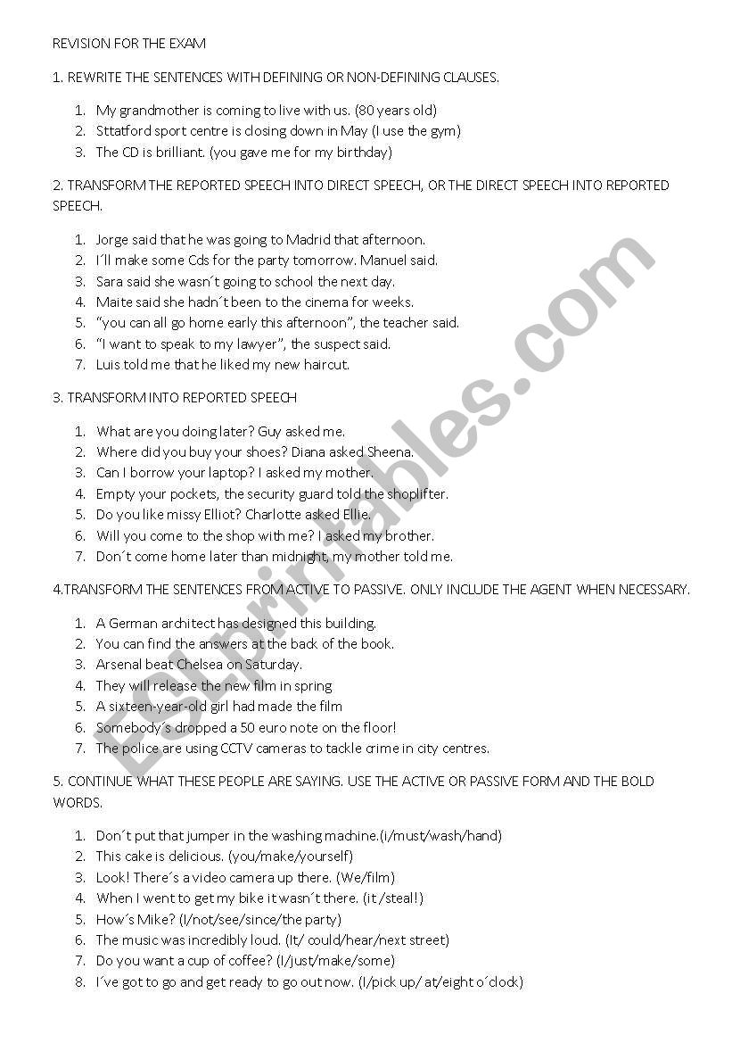 Revision for 1 Bachillerato worksheet