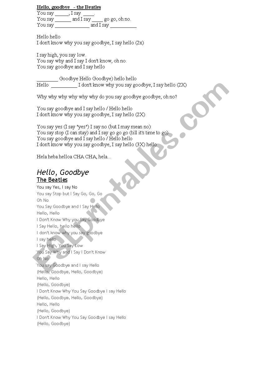 Hello, Goodbye (The Beatles) worksheet