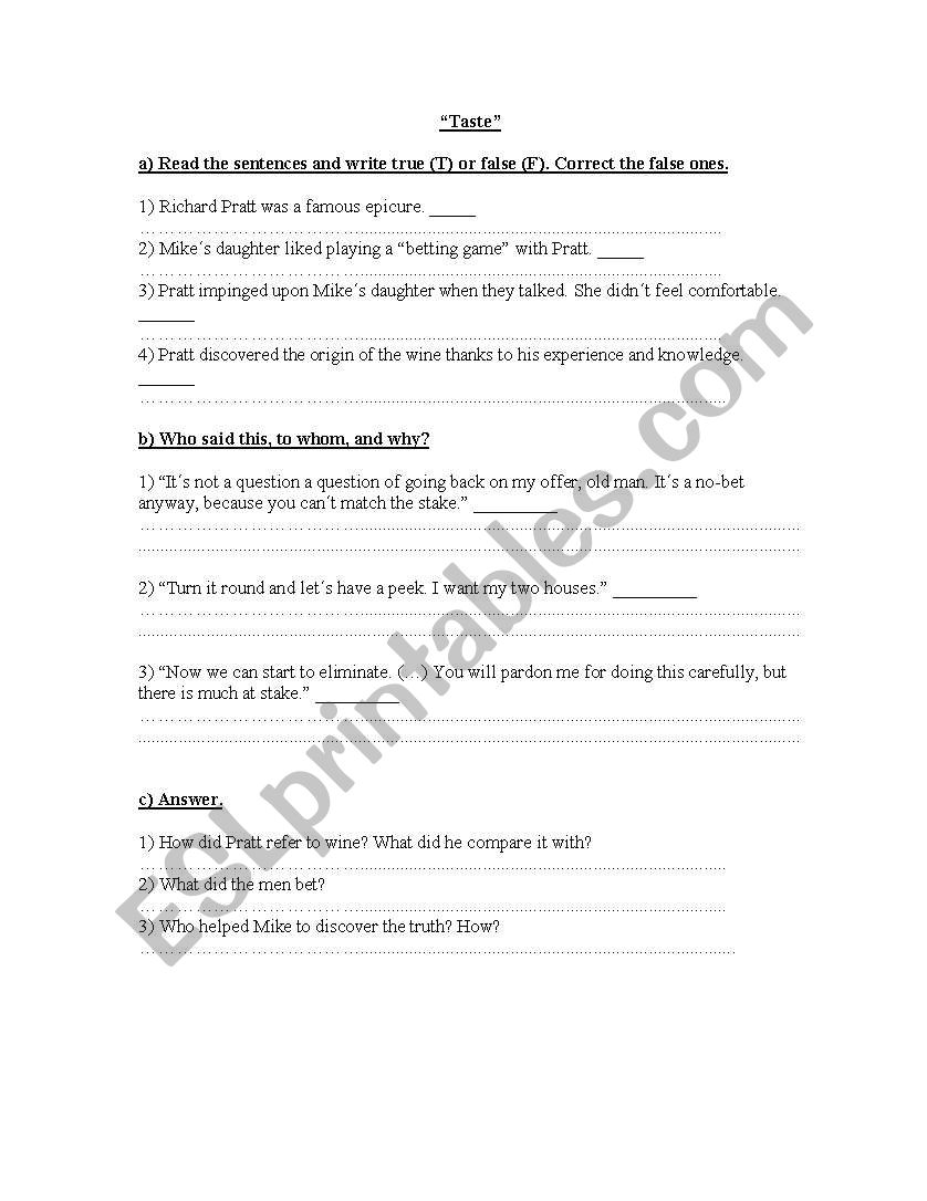 Taste by Roald Dahl - written test