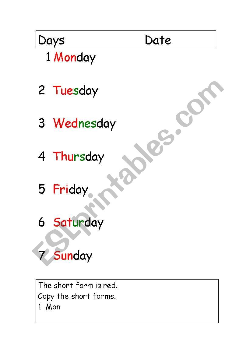 Days worksheet