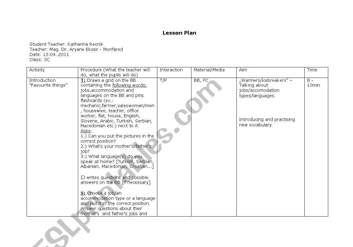 my family - lesson plan worksheet