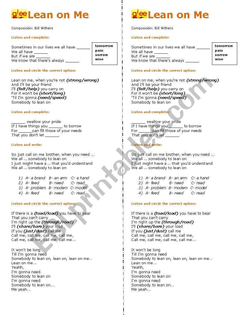 Lean on Me - Glee song worksheet