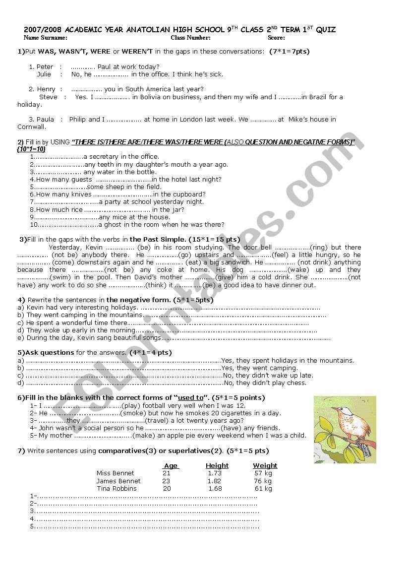 9th grade 2.term 1.quiz worksheet