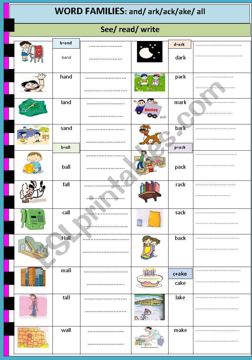 word families:  all/ and/ark/ack/ake (1/5)