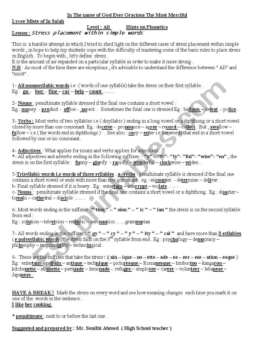 stress  worksheet