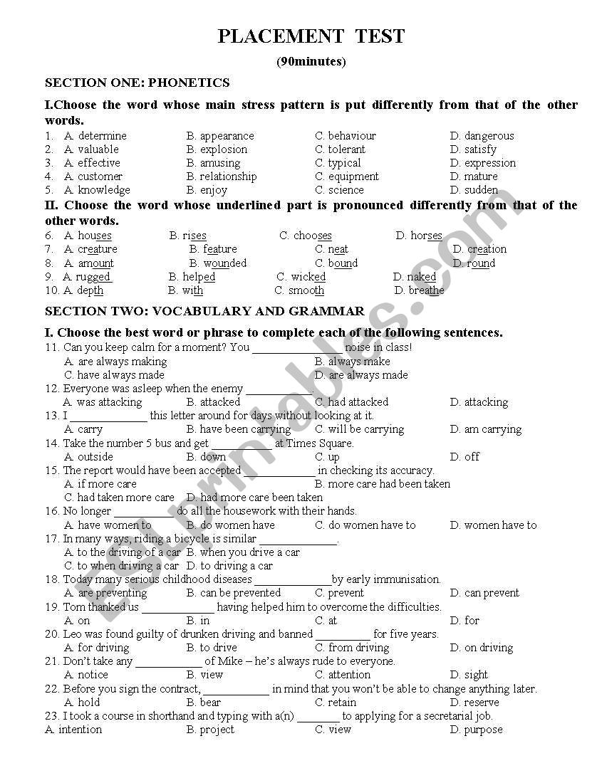 Placement test  worksheet