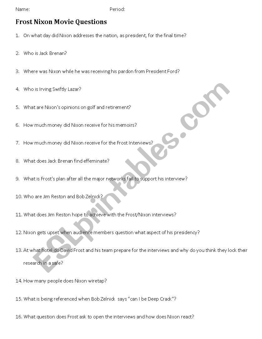 Frost/Nixon Movie Questions worksheet