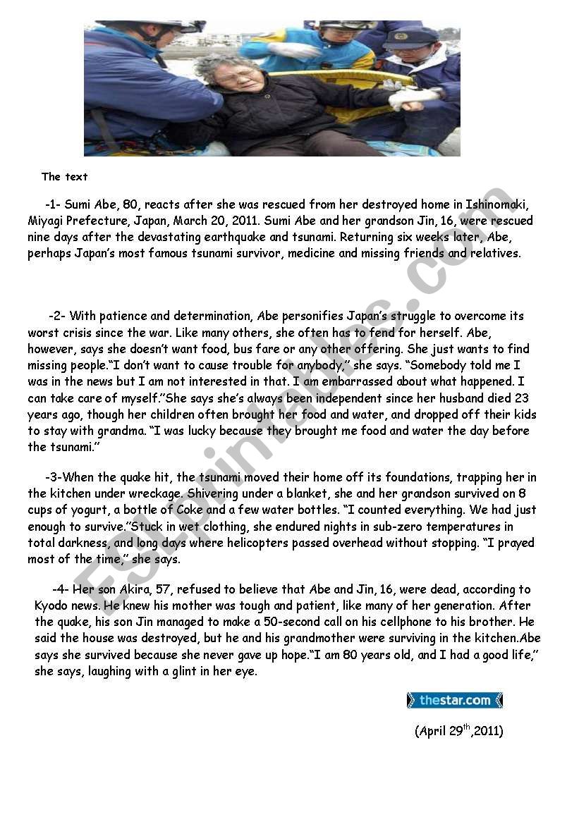 Mock Bac Exam NÂ°3:A text about the latest Tsunami +questions+language +writing