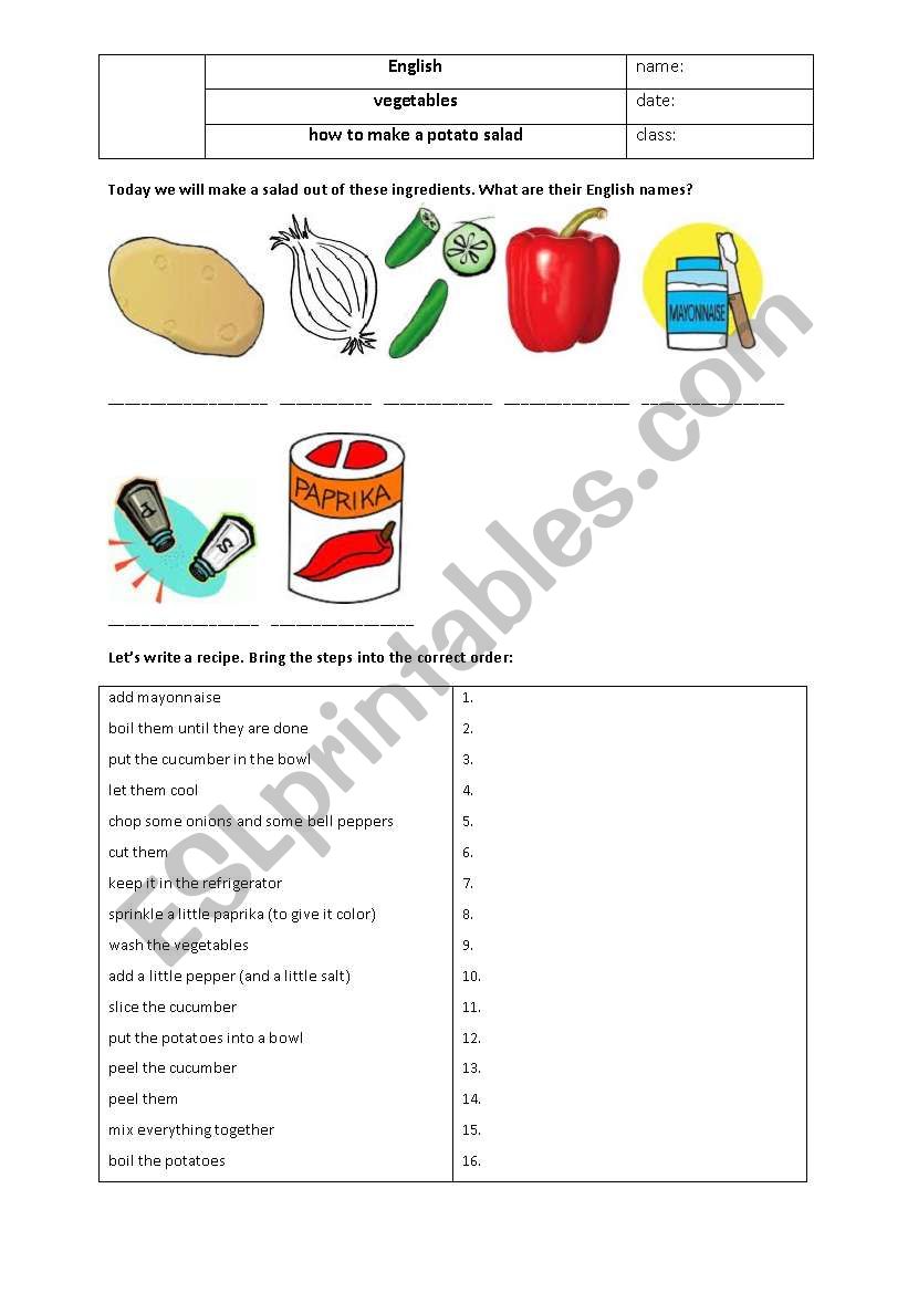 how to make a potato salad worksheet