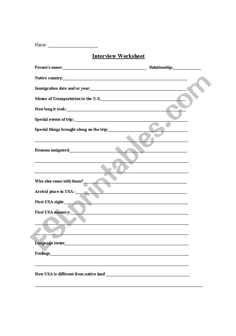 Immigration Organizer worksheet