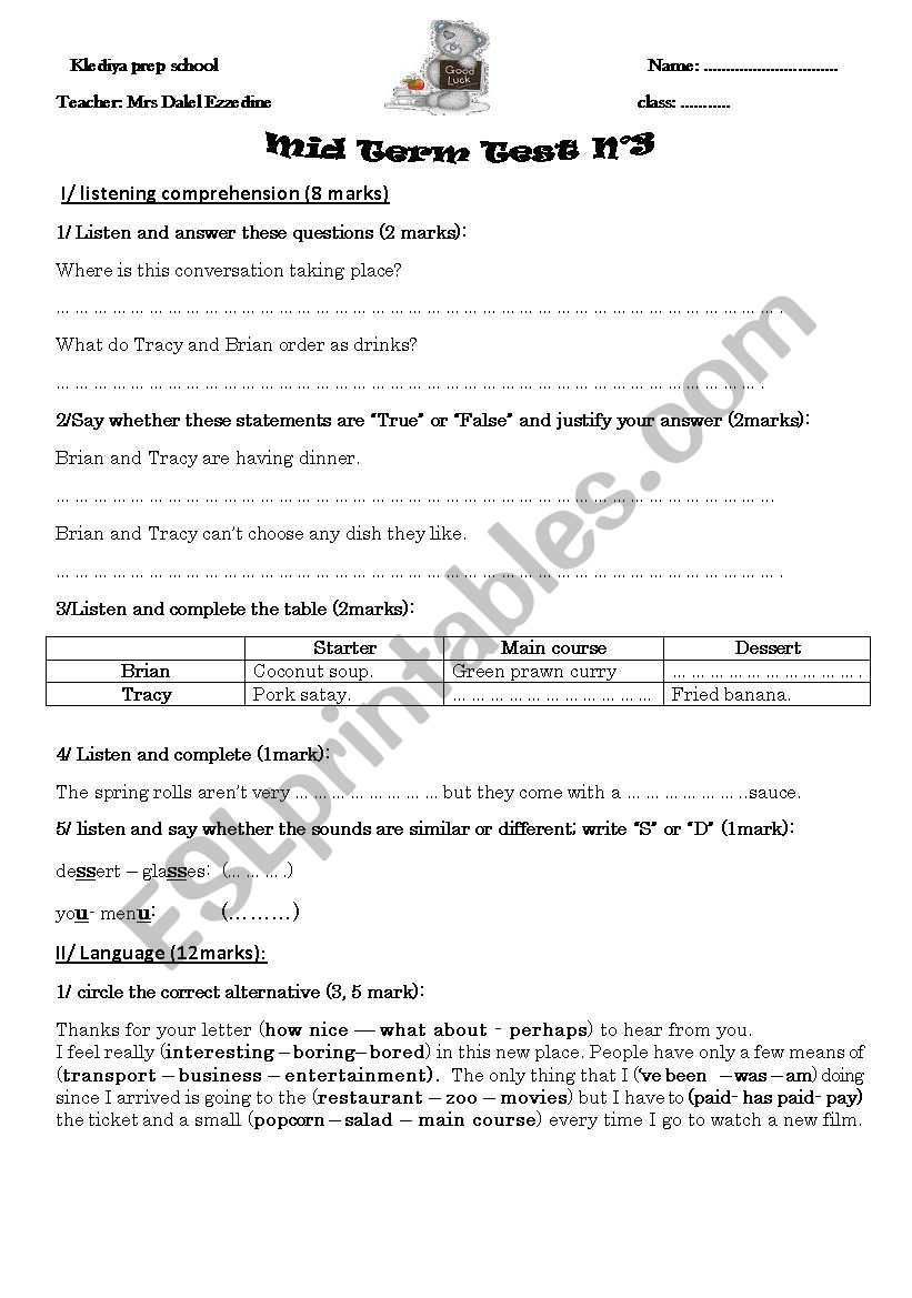 MID term test 3/ 9th formers worksheet
