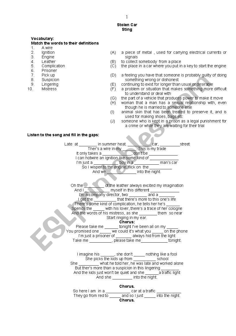 Sting Stolen Car worksheet