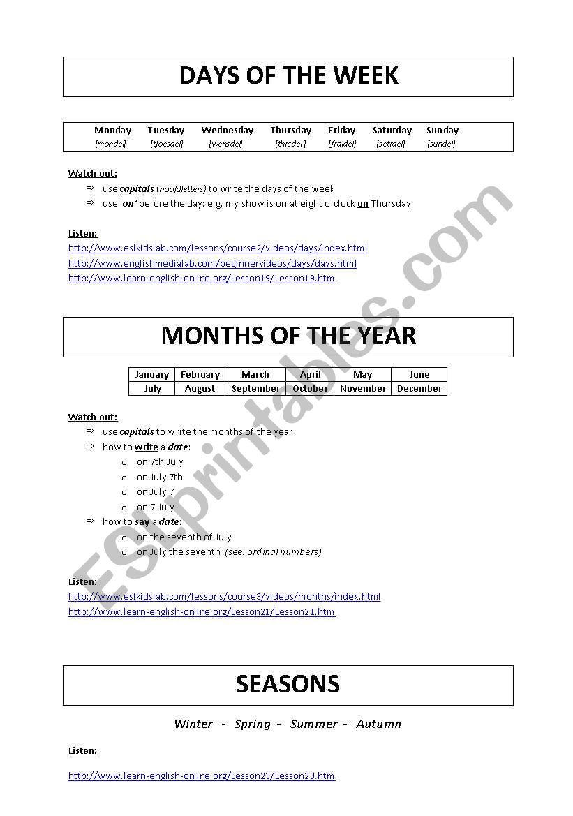 days, months, seasons worksheet