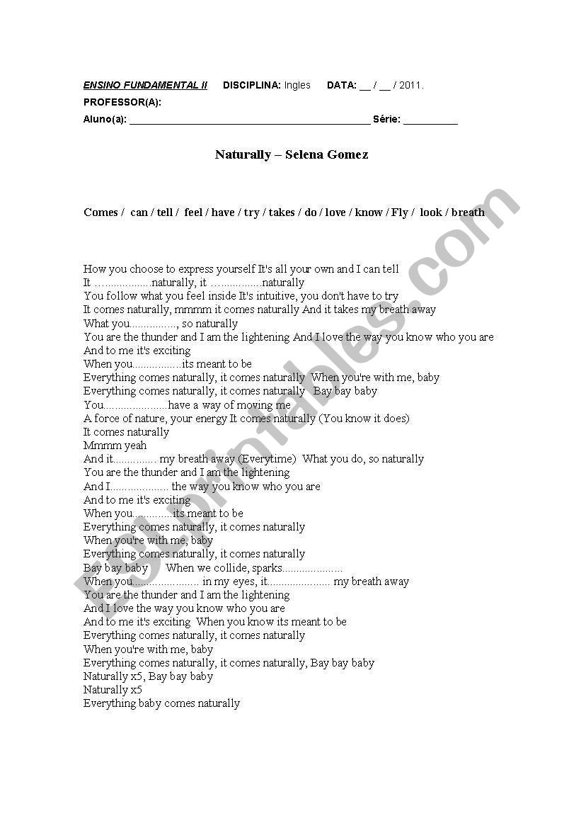 Naturally - song worksheet