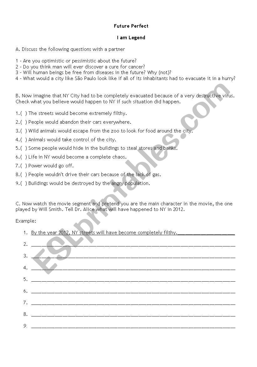 Future Perfect - I am legend worksheet