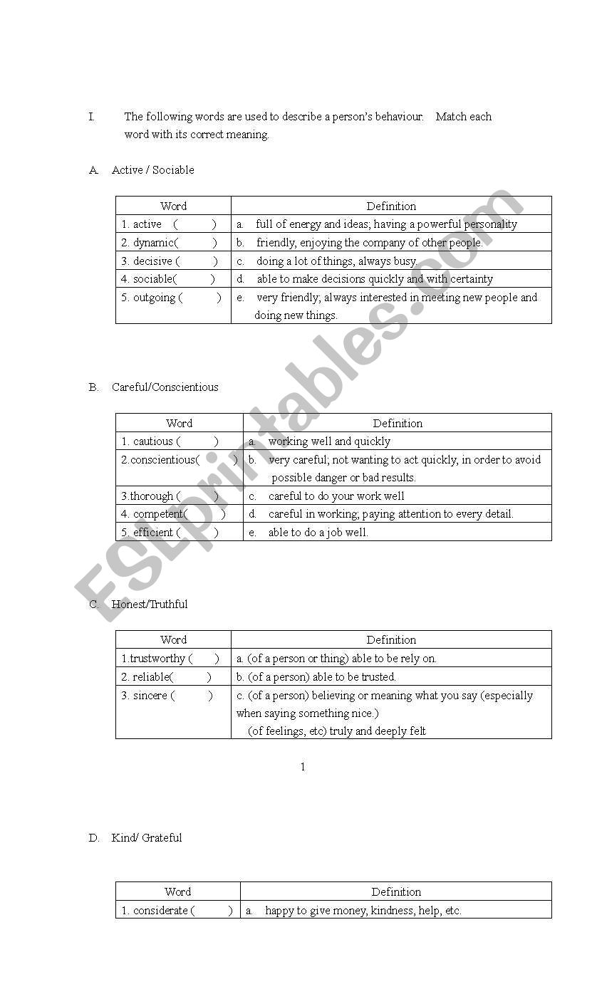 Describing feelings worksheet