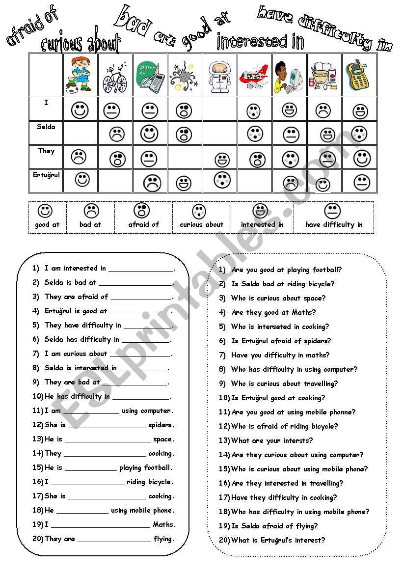 good/bad at - intersted in - curious about - afraid of - have difficulty in