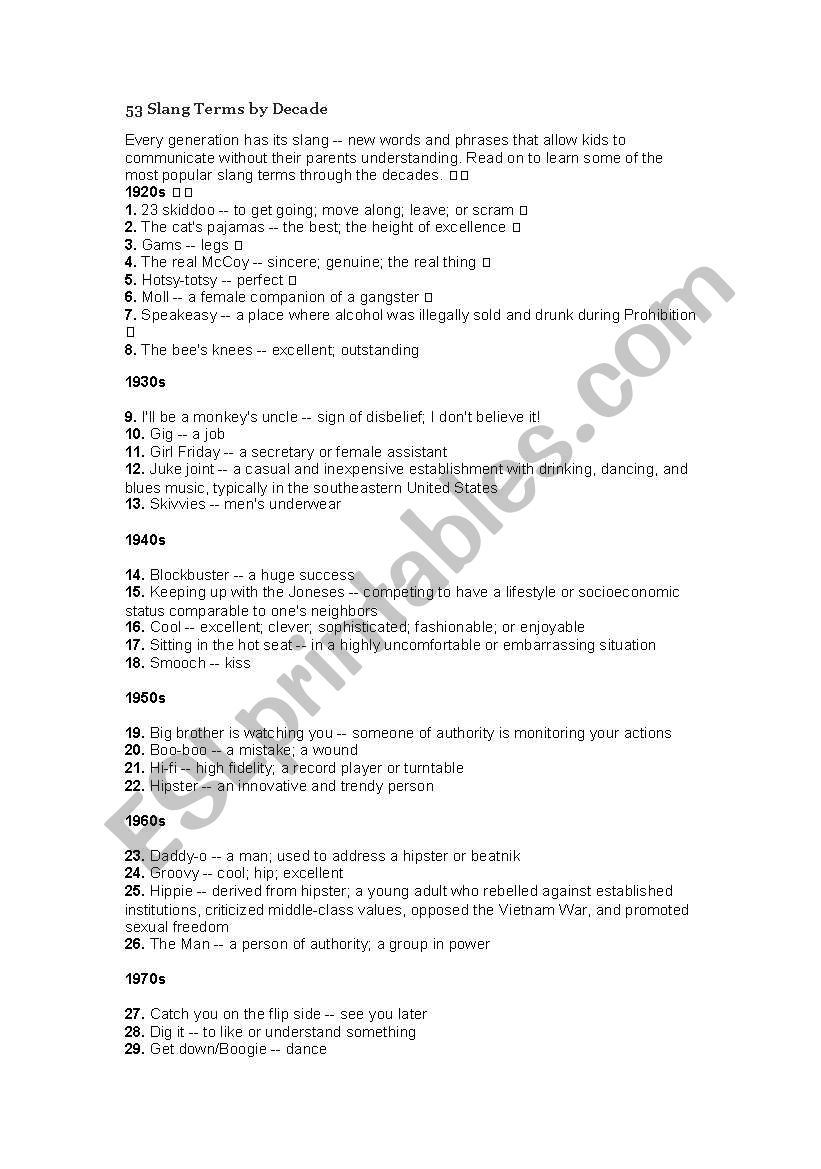 slang terms worksheet
