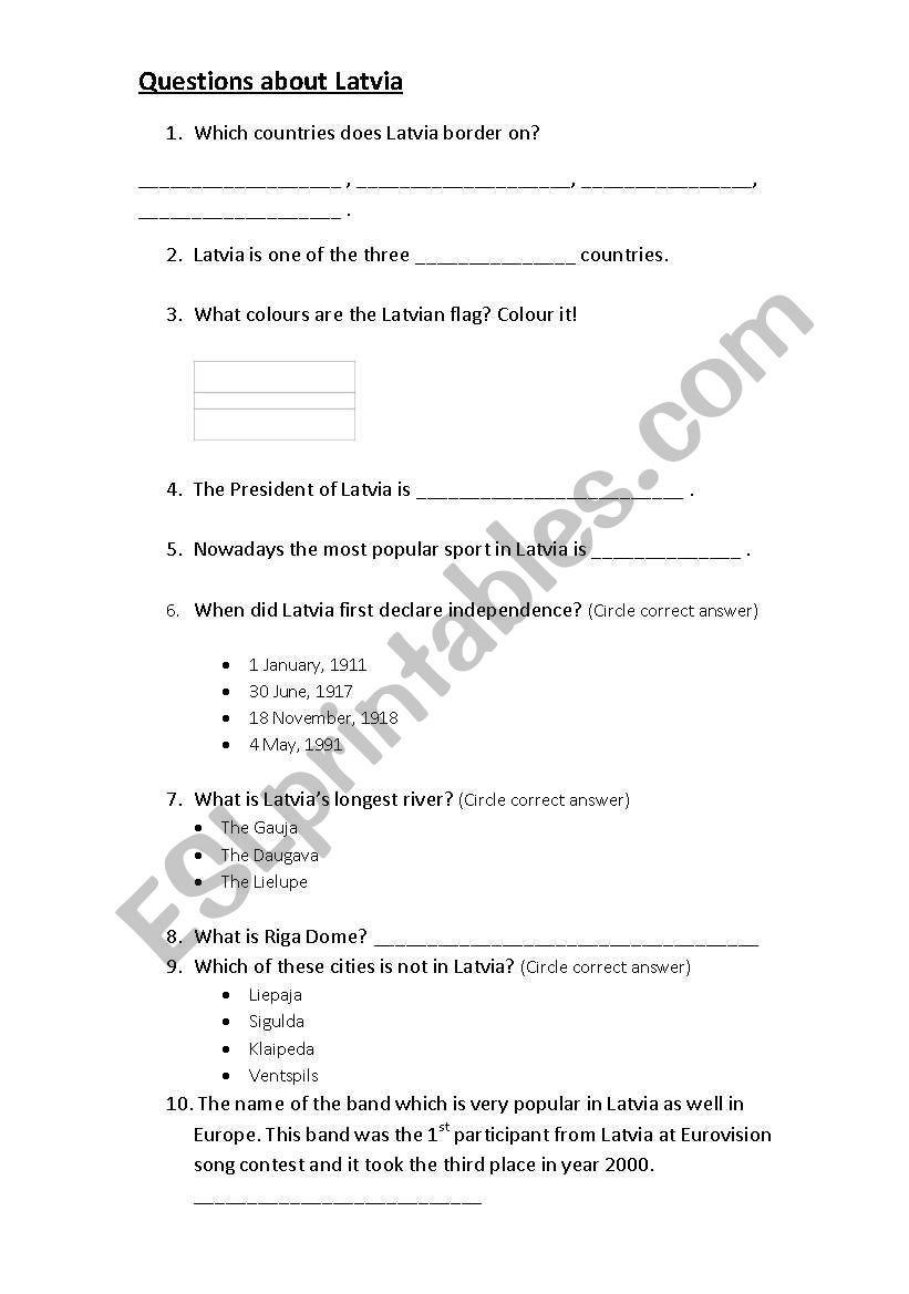 Quiz about latvia worksheet