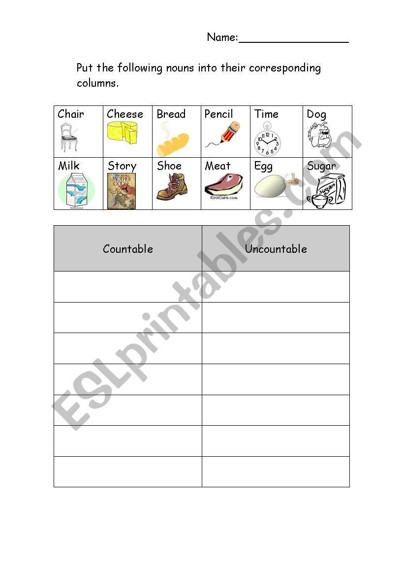 Uncountable/countable nouns worksheet