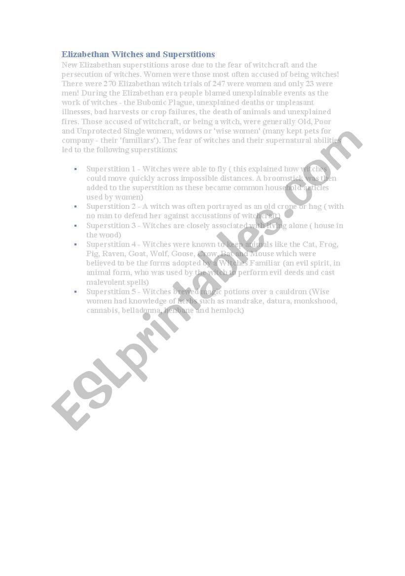 Elizabethan Witches worksheet