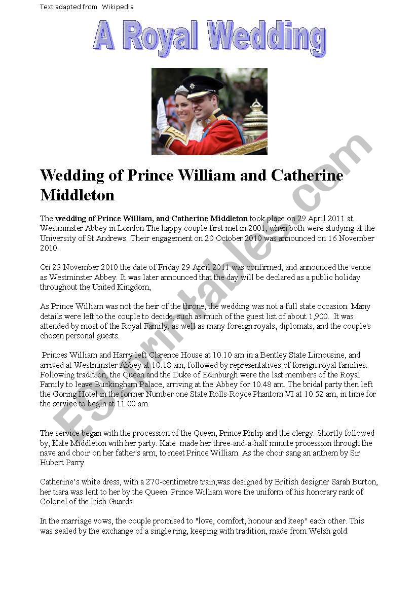 A reading activity based on the recent Royal wedding