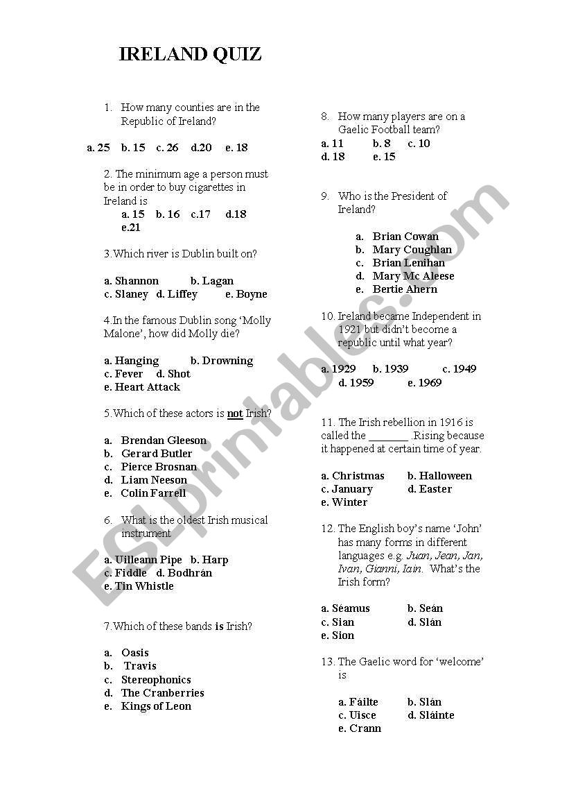 Ireland Quiz worksheet