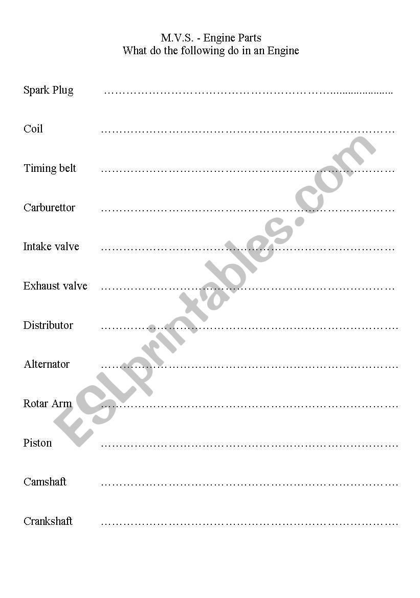 Car Engine Parts worksheet